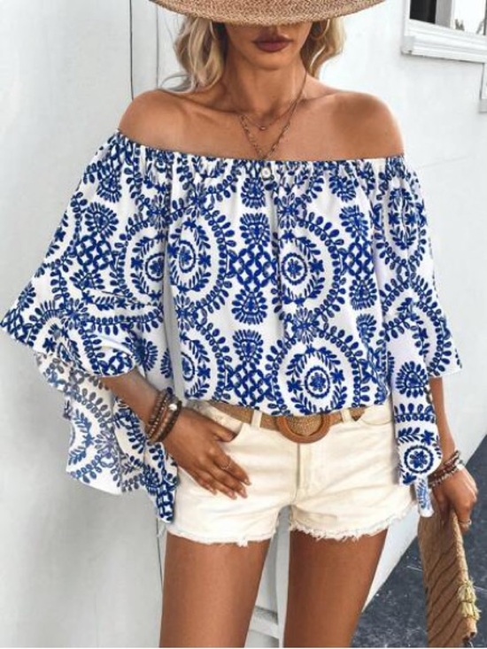 Tops - White Off-Shoulder/Blouse with Blue Medallion Print